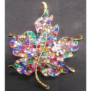 Handcrafted Crystal Rhinestone Colorful Maple Leaf Brooch
